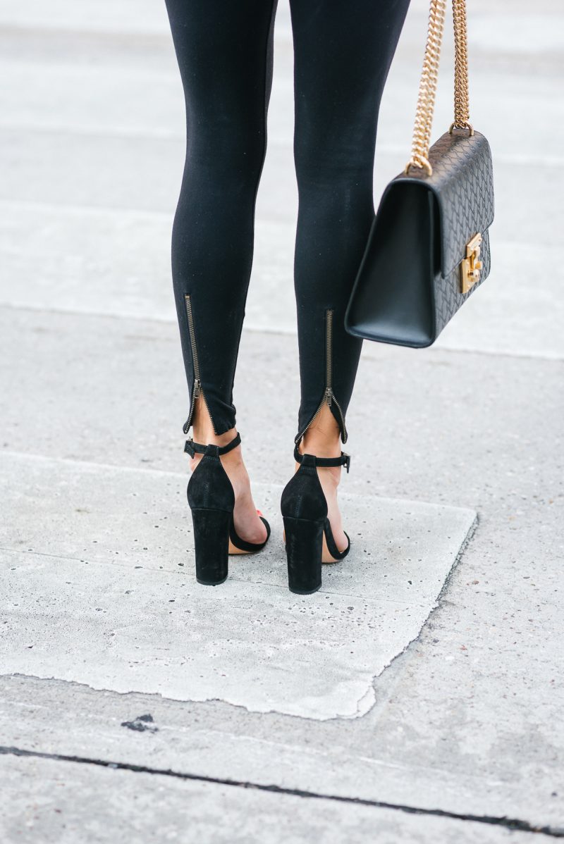 zipper leggings with high heels and gucci handbag