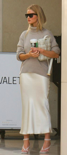 rosie huntington wearing a silk skirt with sweater